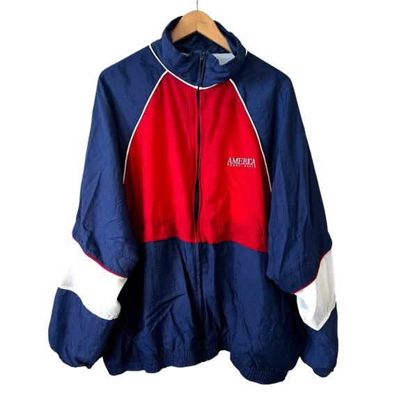 VTG Perry Ellis AMERICA Men's Full Zip Colorblock Windbreaker Jacket Red Blue 2X - Picture 2 of 10